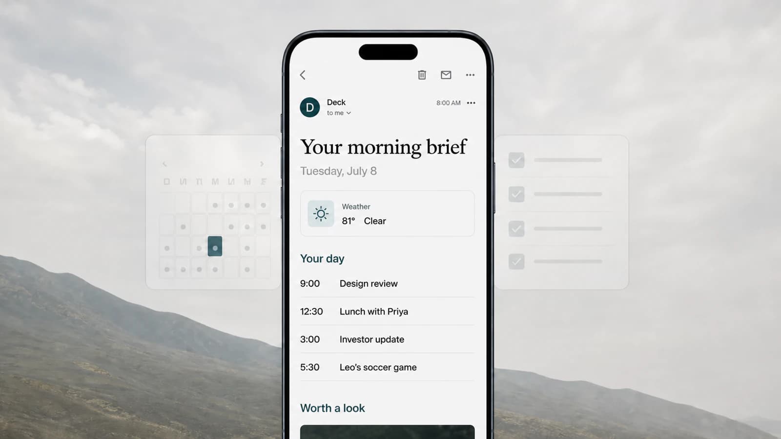 A delivered morning brief email with weather, meetings, and items worth a look