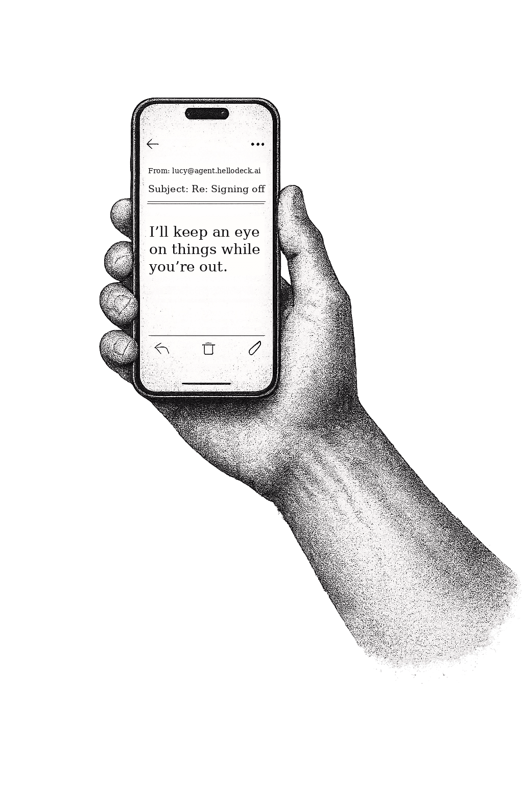 A hand holding a phone showing an email compose screen
