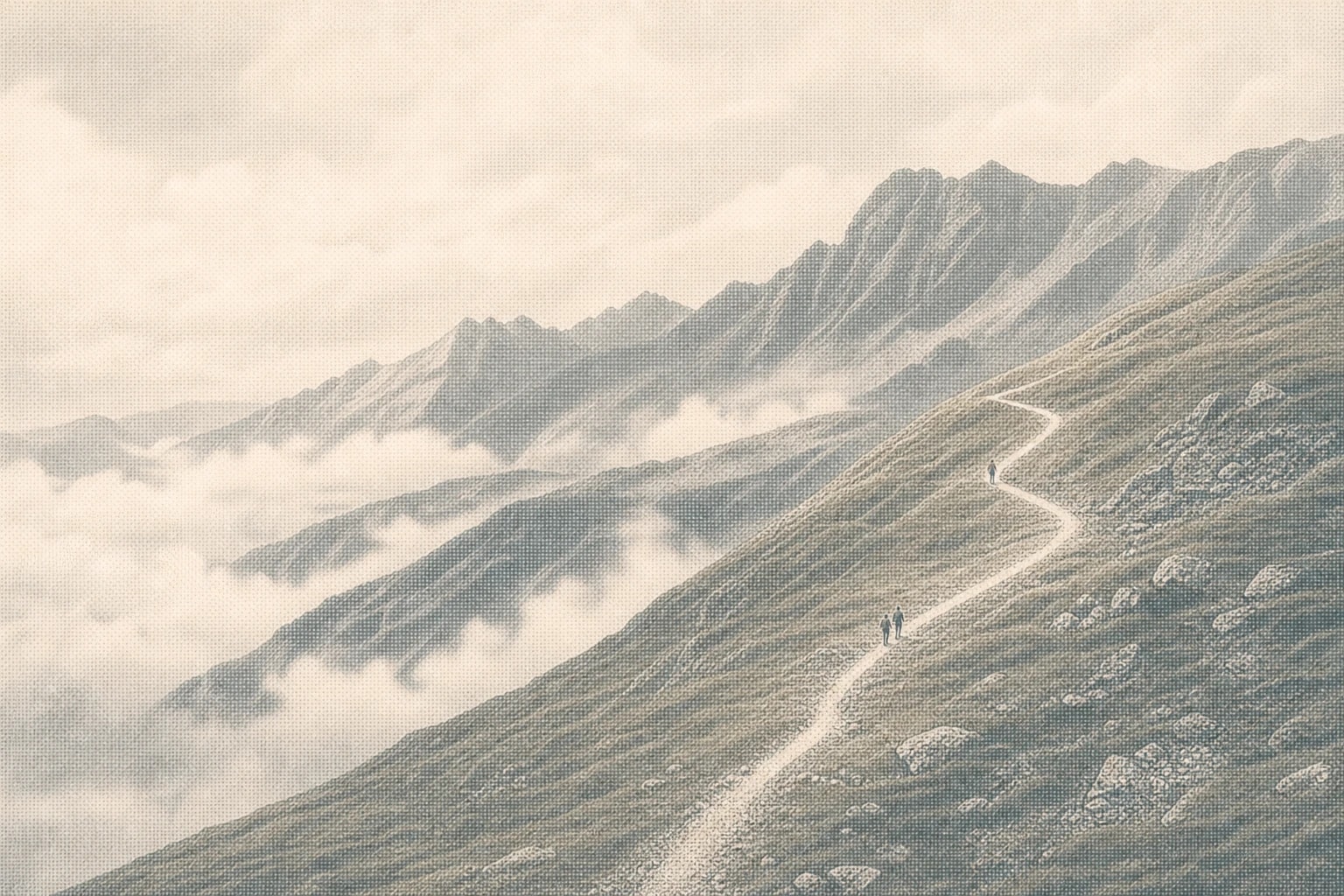 A stone stair climbing through a quiet coastal cliff in fog