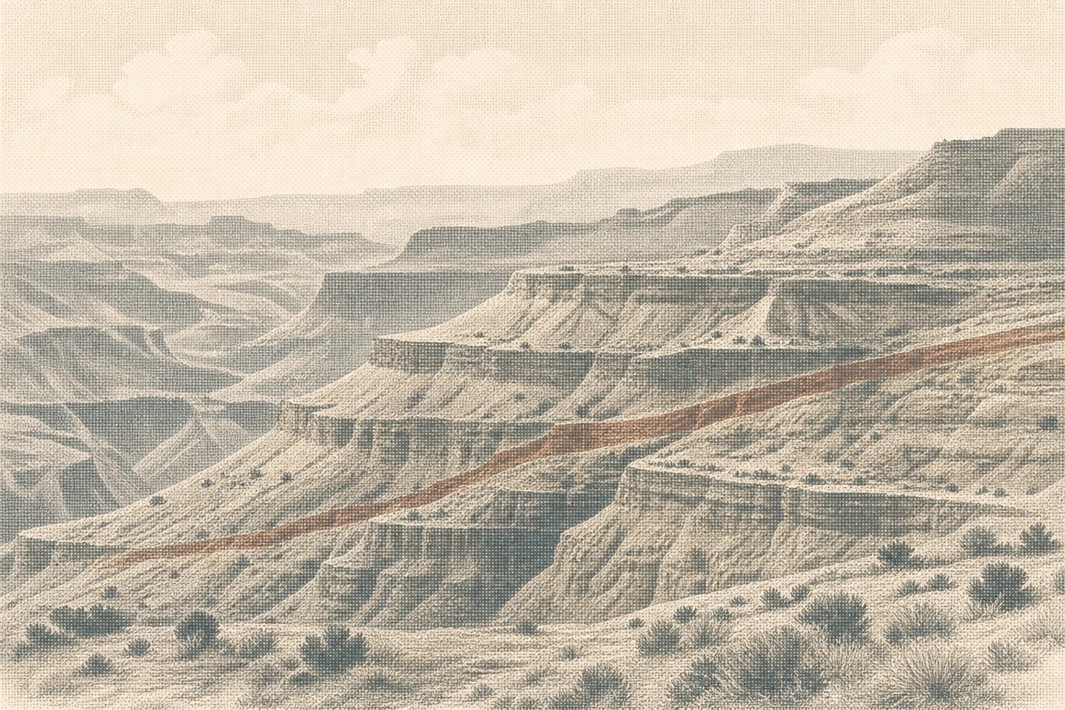 Layered stone terraces with a rust-colored seam visible through the rock