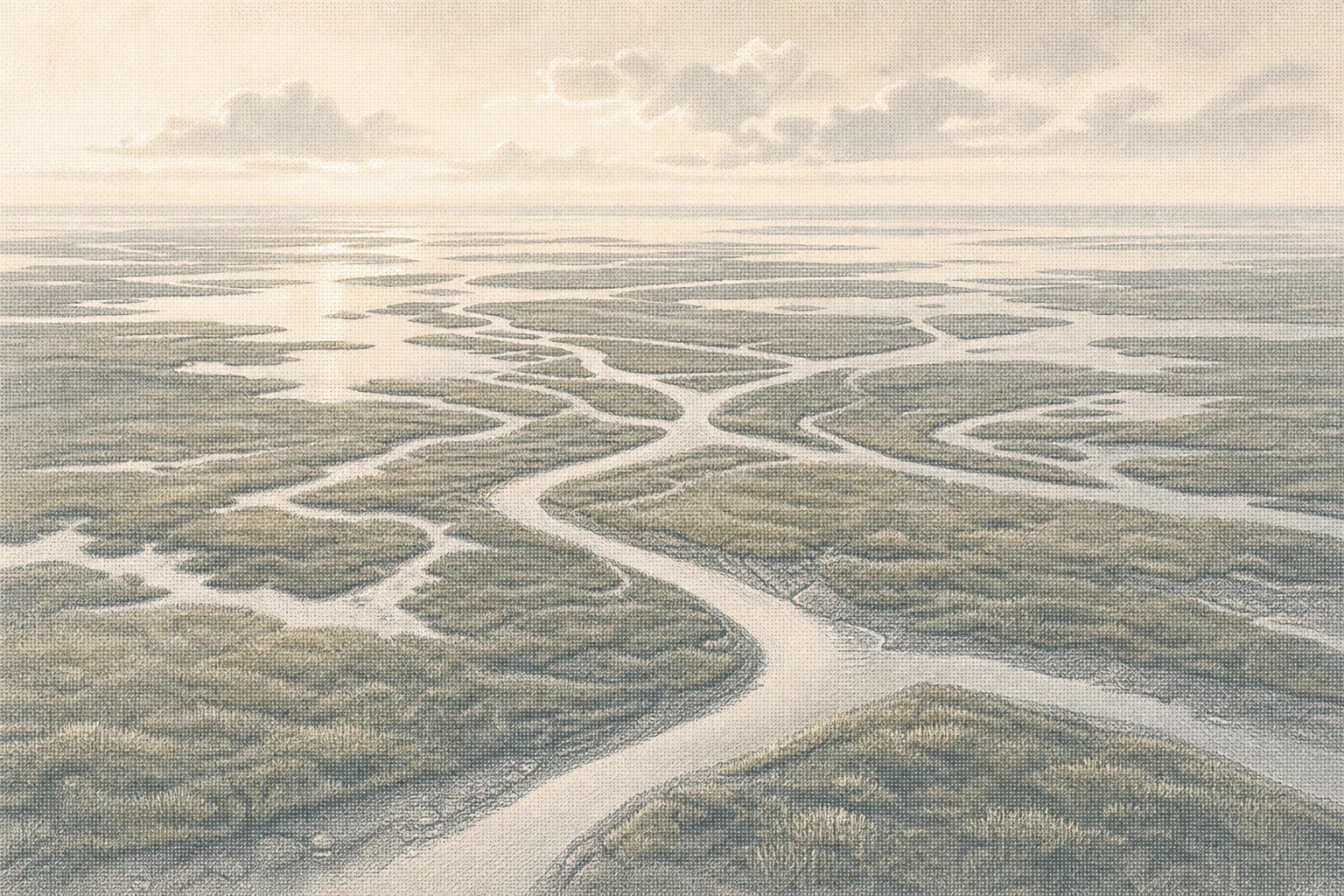 Tidal channels repeating across a quiet marsh at dawn