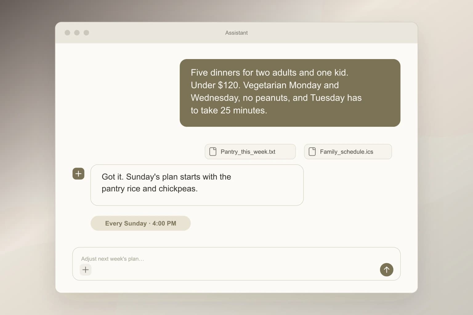 A household meal-planning request capturing budget, preferences, pantry, and late nights, scheduled for every Sunday