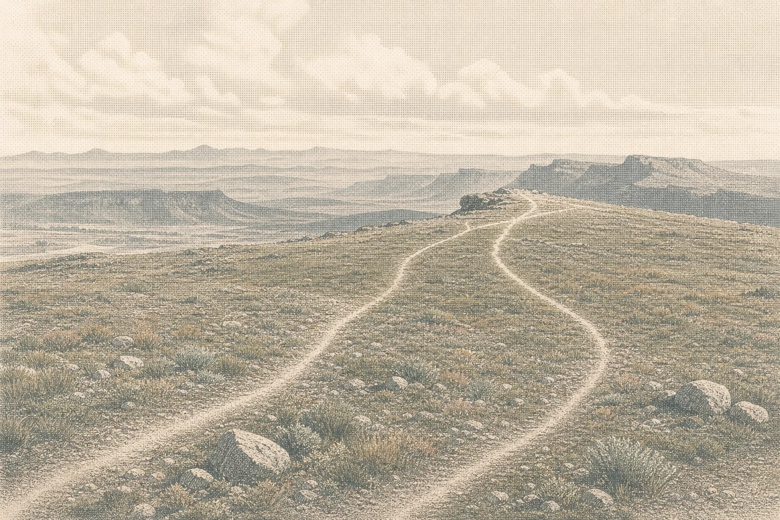 Four paths converging at a sunlit overlook on a high desert plateau
