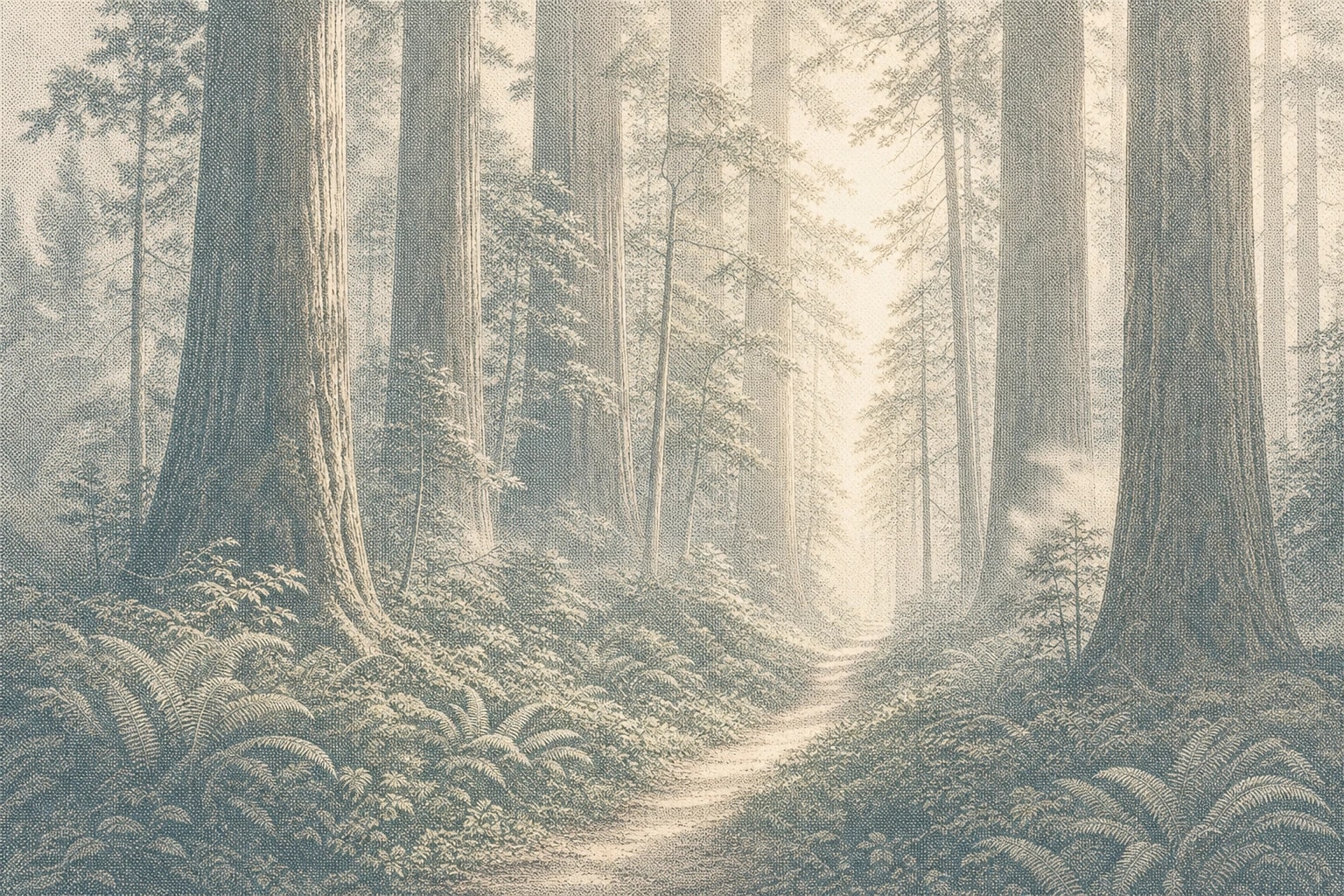 A sunlit path continuing through a quiet old-growth grove