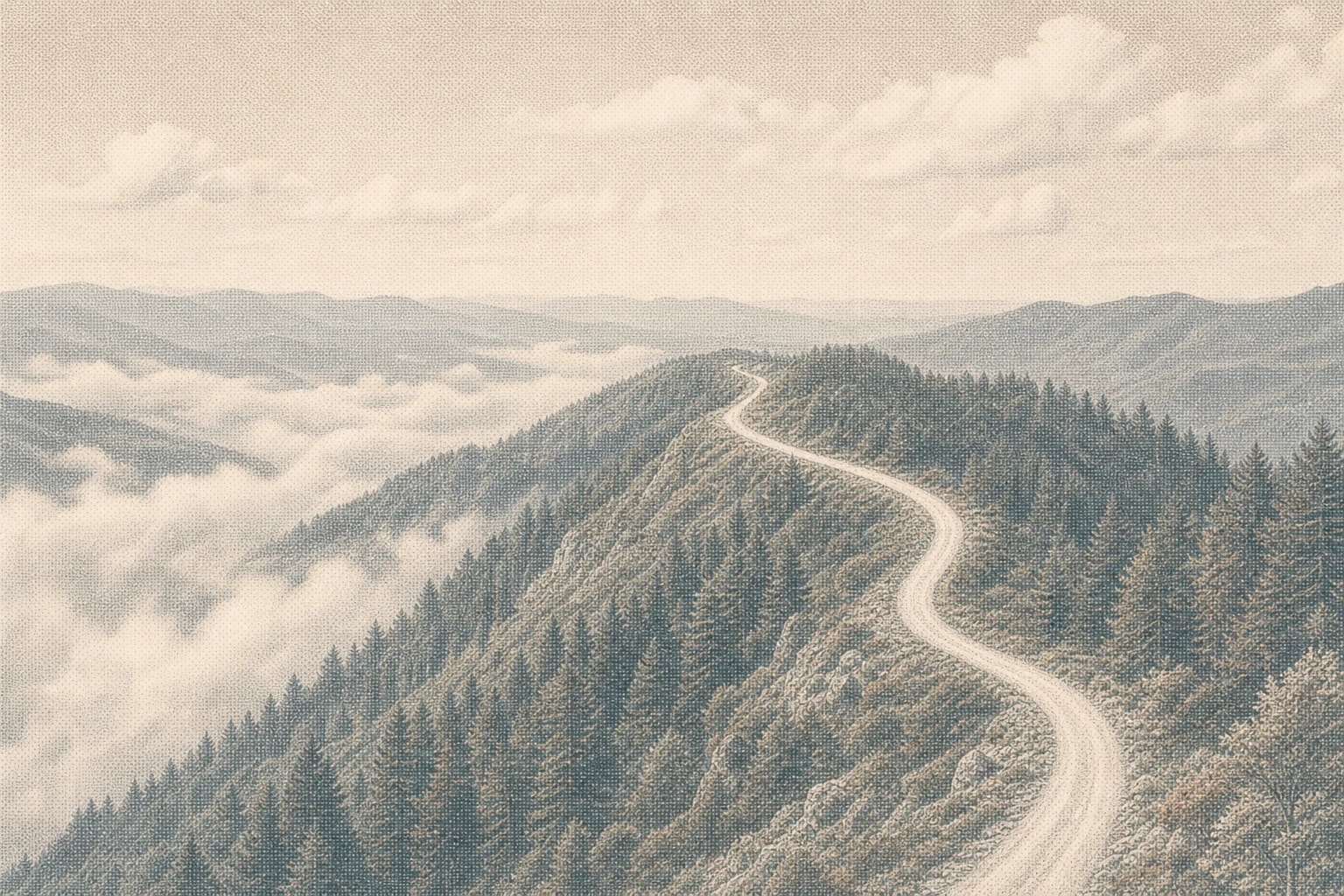 A winding ridge road moving through forest above low clouds