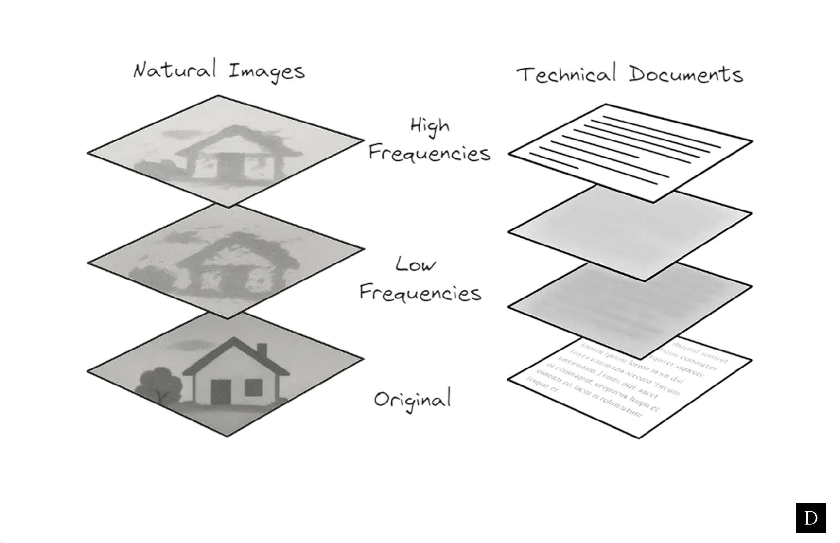 Notice how you get the "gist" of the image on the left at virtually any frequency band, whereas the lower frequencies of the technical doc decomposition convey very little information at all.