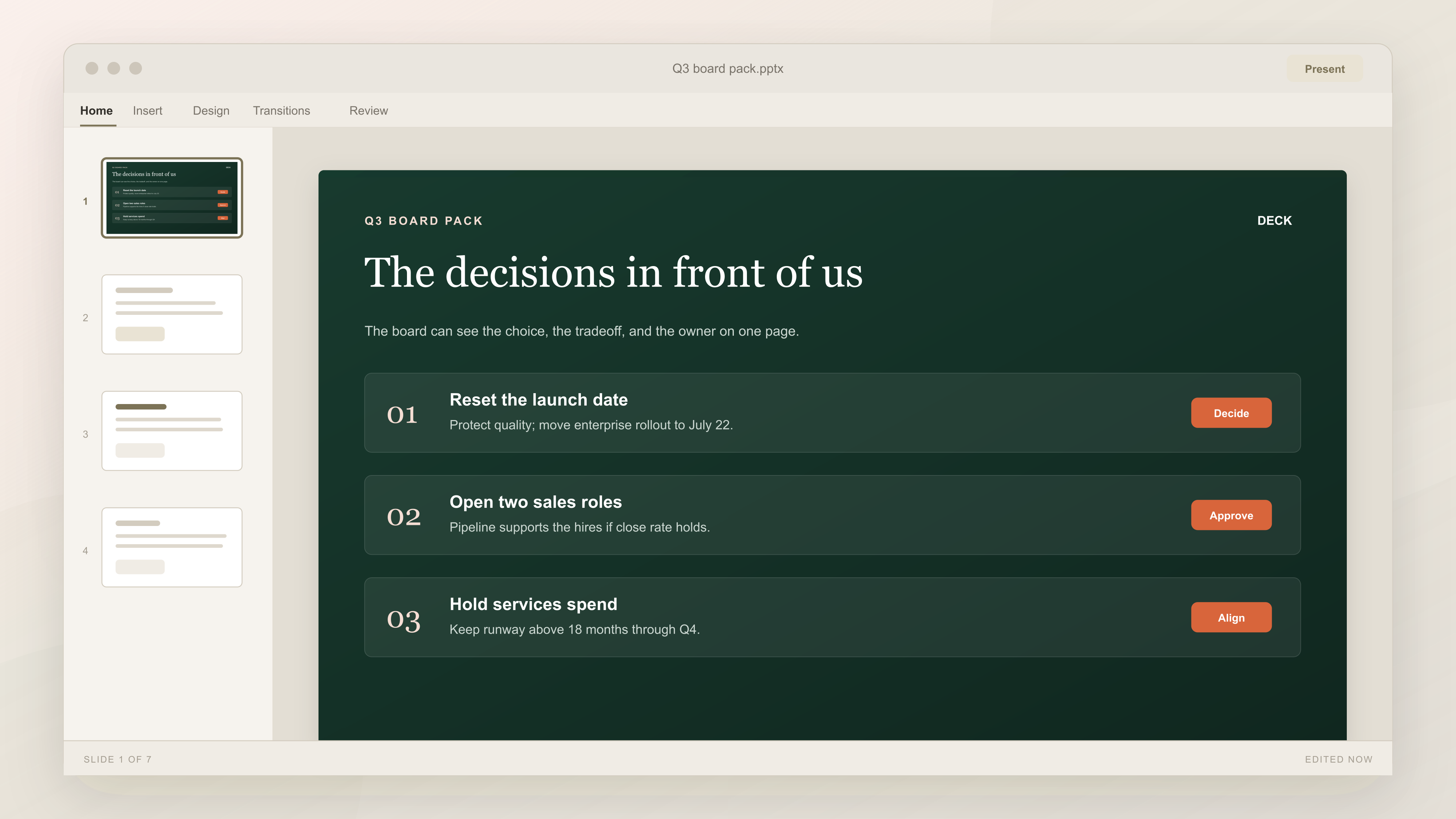 Q3 Board Pack slide bringing three decisions and their tradeoffs to the front