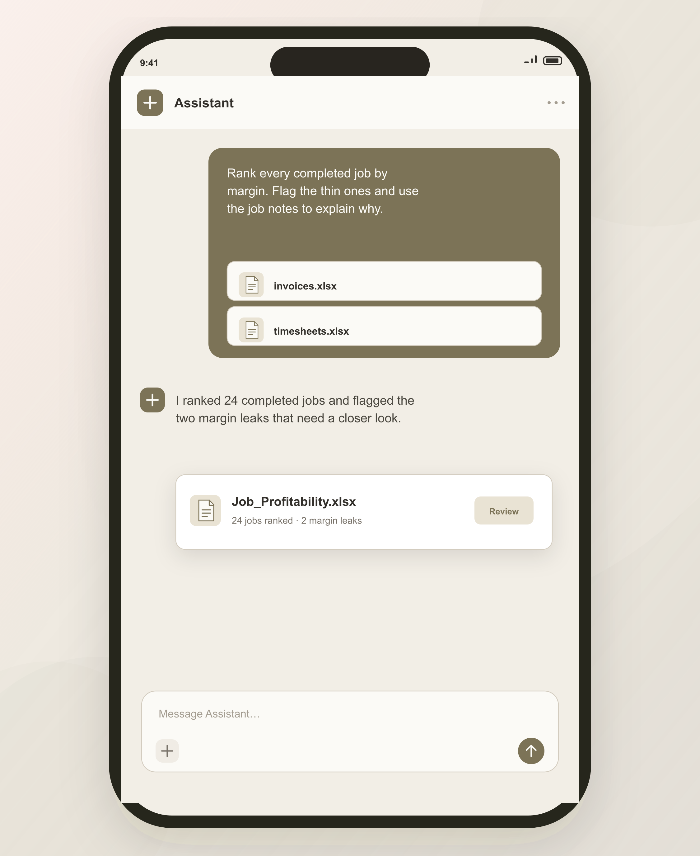 Deck chat returning a workbook with every job ranked by margin and the leaks explained