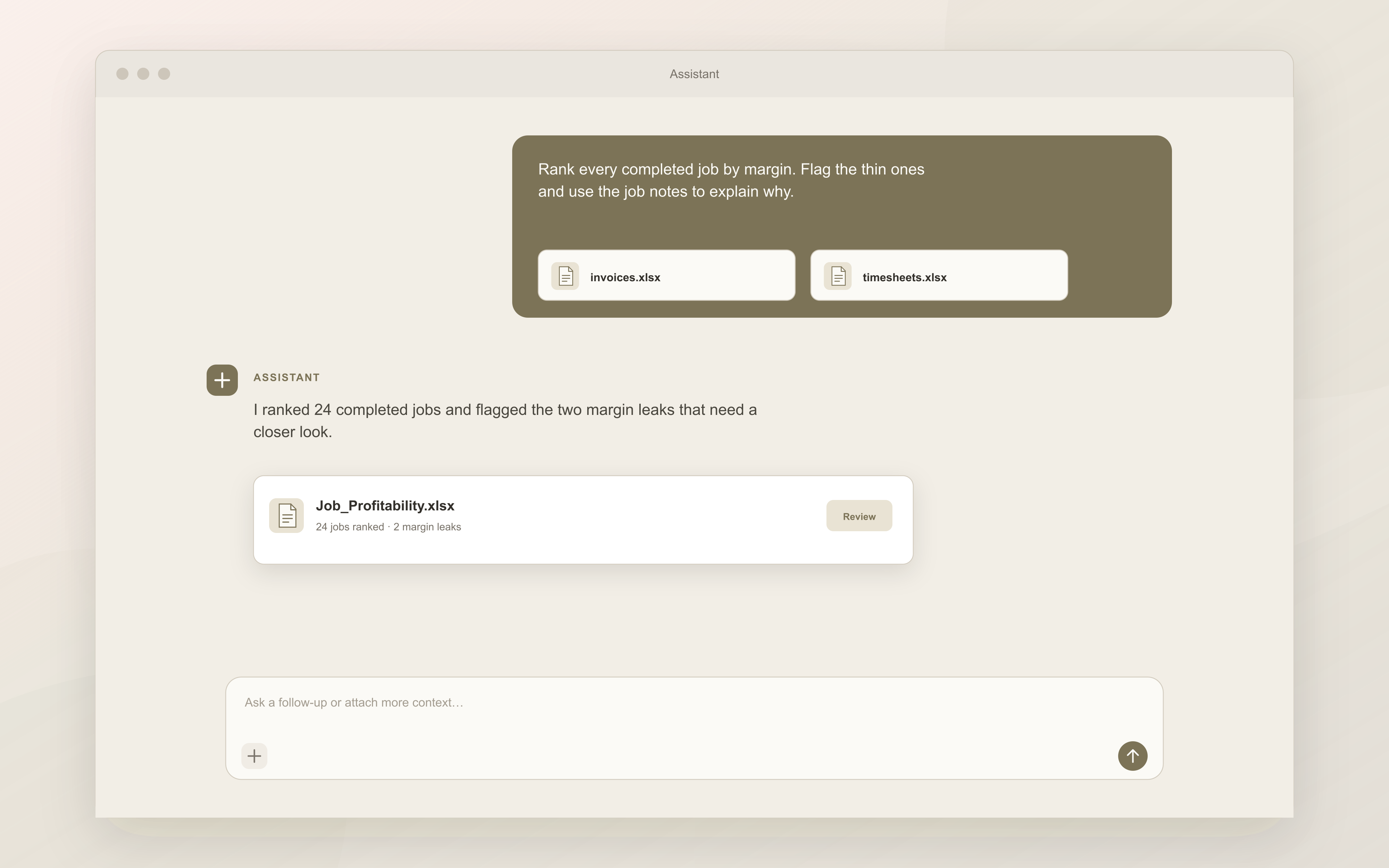 Deck chat returning a workbook with every job ranked by margin and the leaks explained