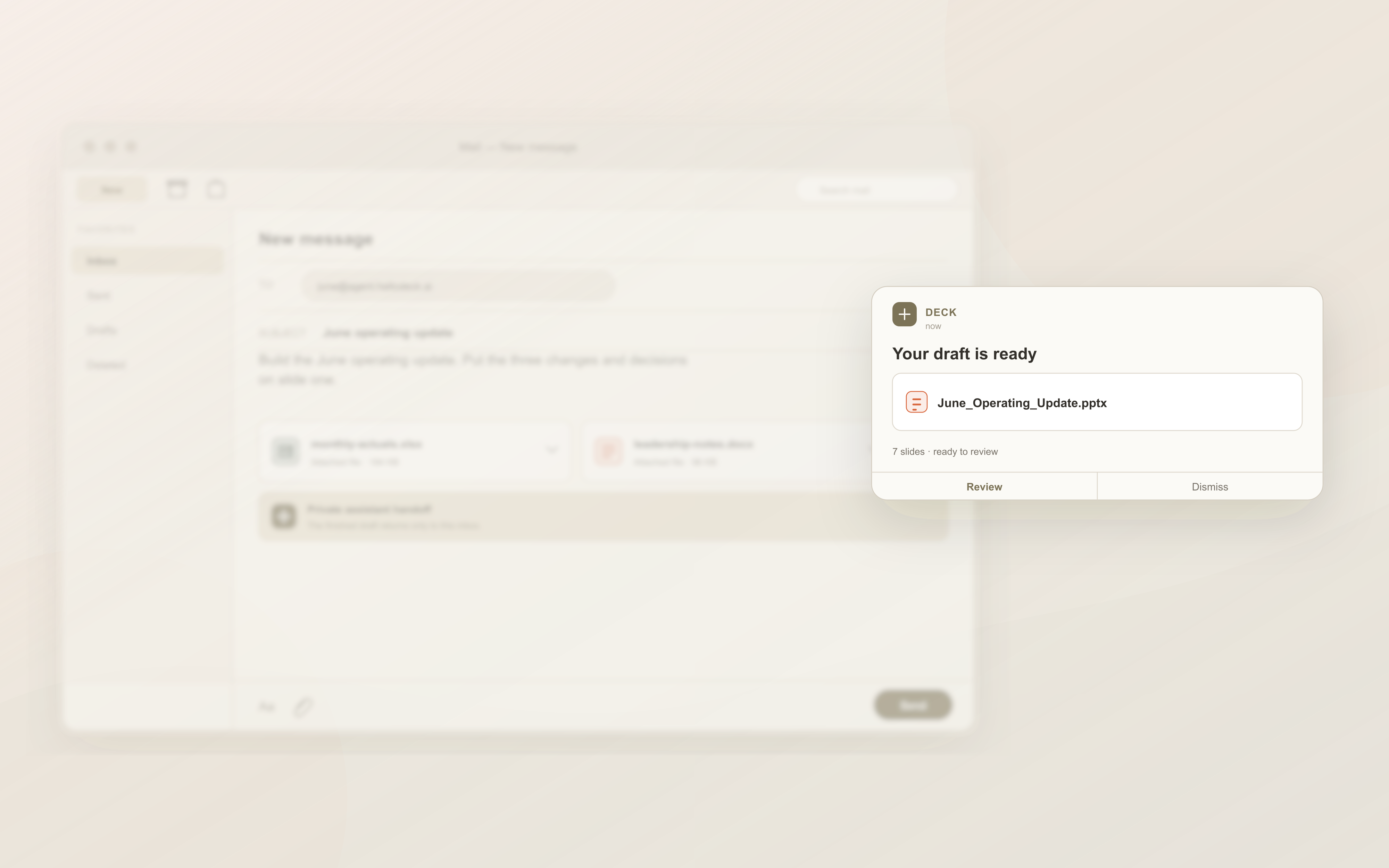 An email to Deck with monthly files and the finished operating update returned for review