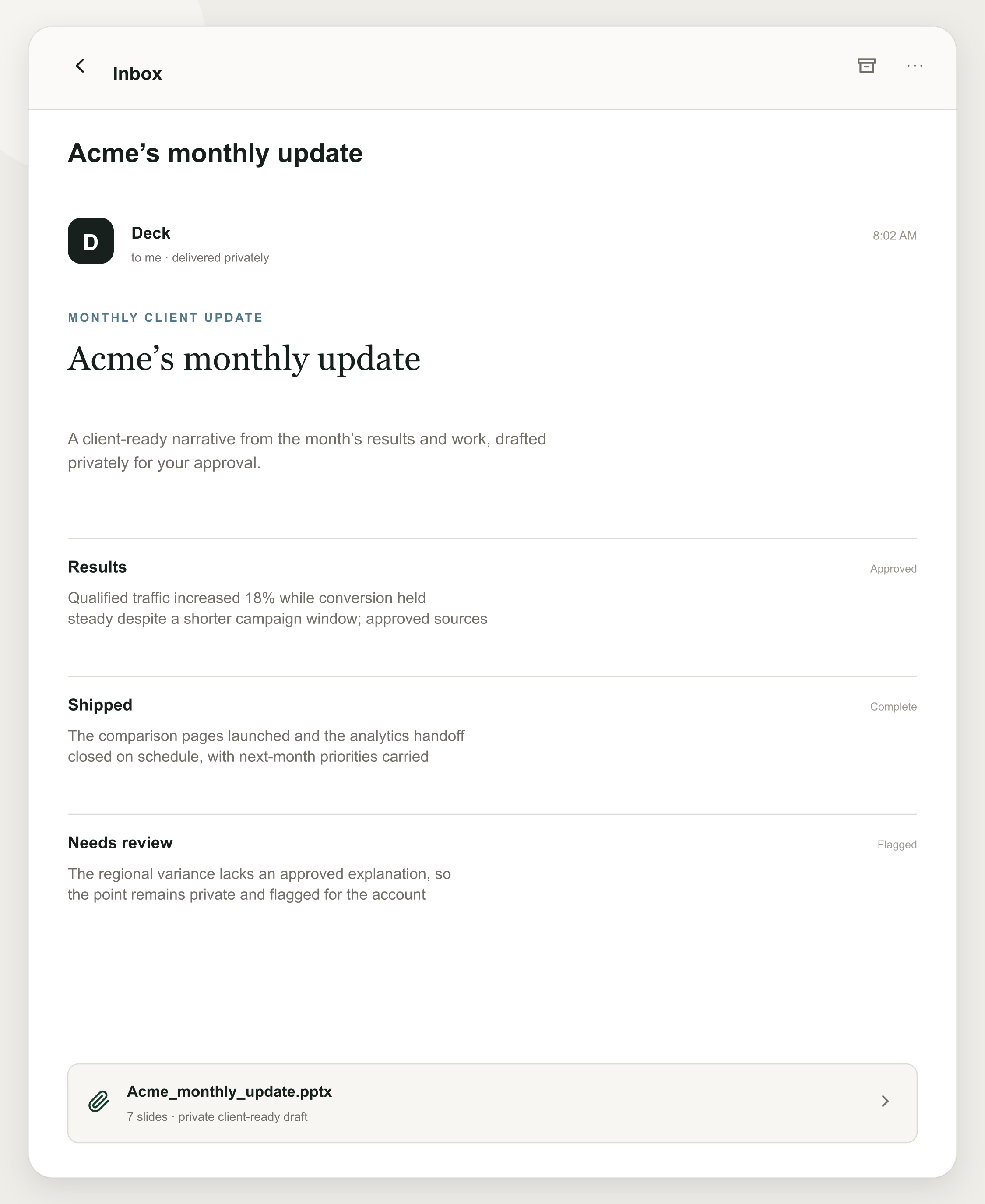 Email from Deck: Acme’s monthly update