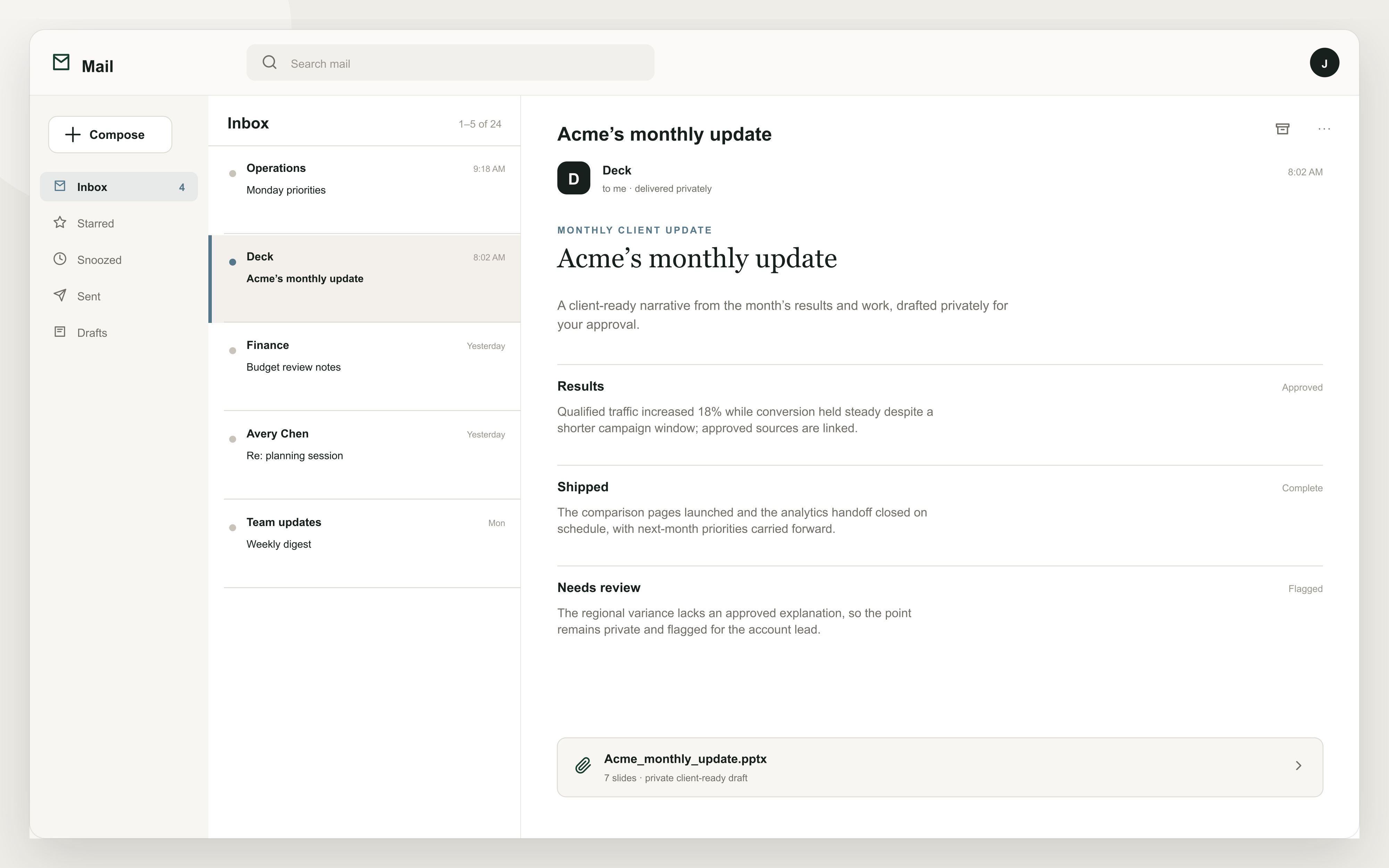 Email from Deck: Acme’s monthly update