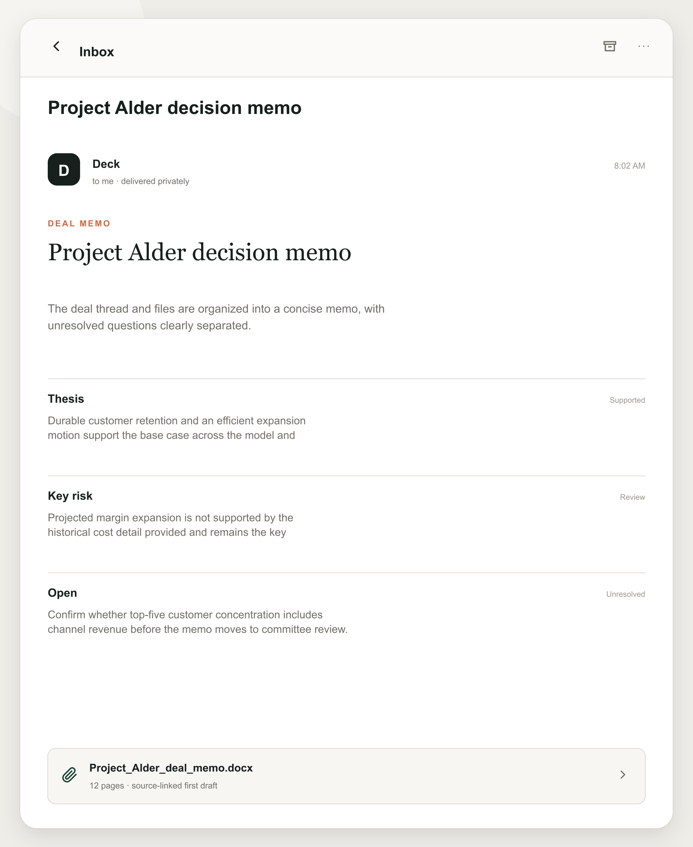 Email from Deck: Project Alder decision memo