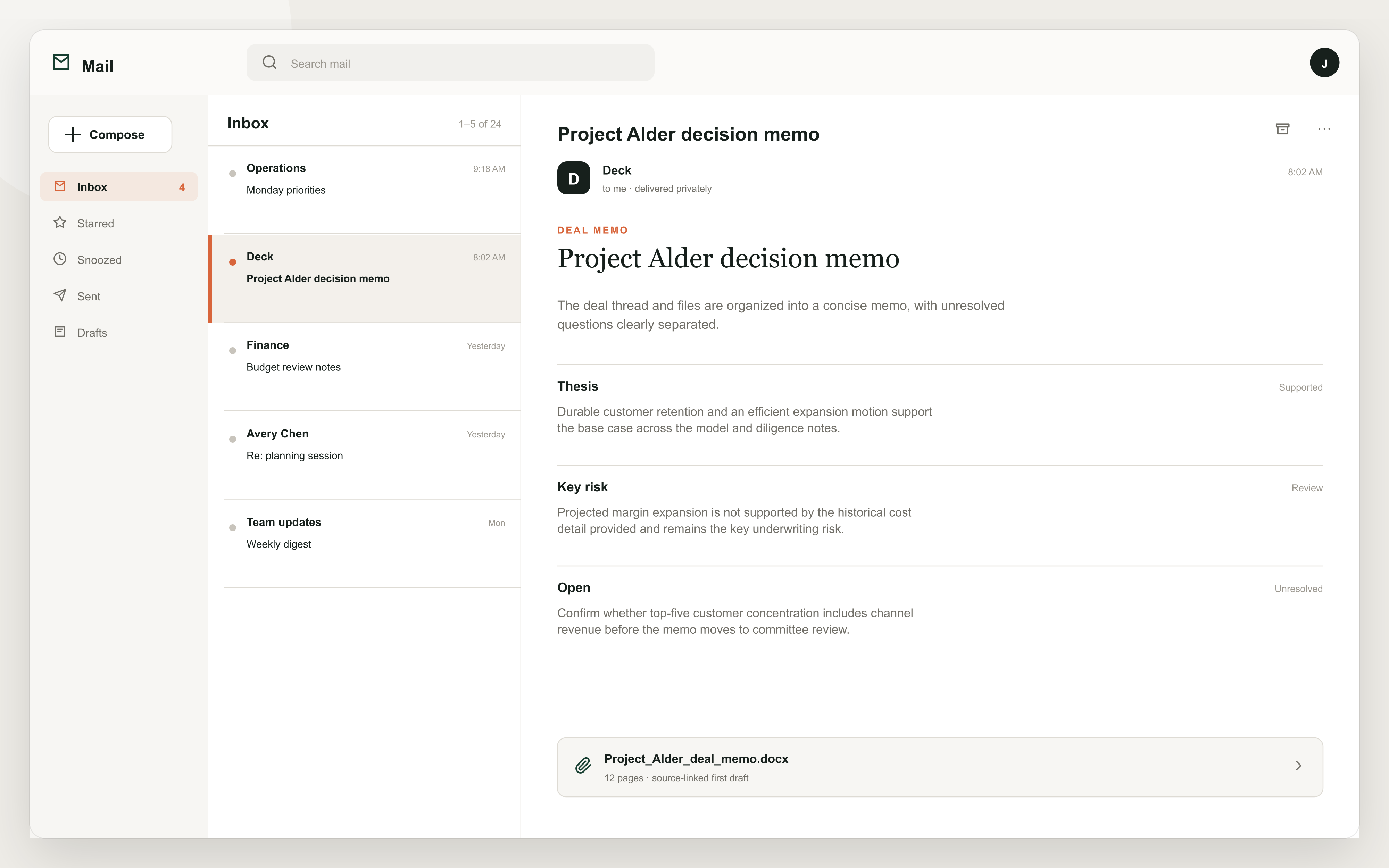 Email from Deck: Project Alder decision memo