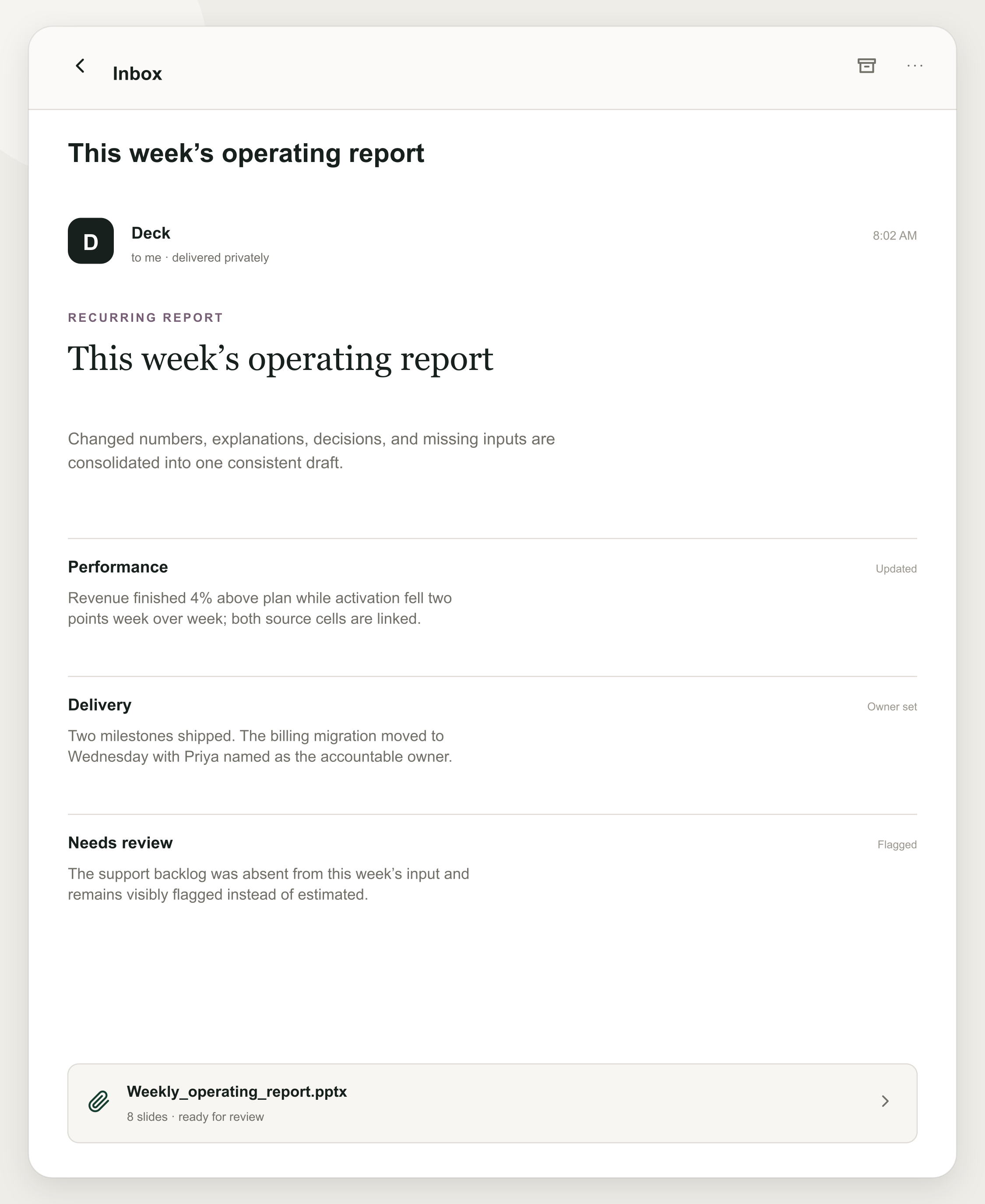 Email from Deck: This week’s operating report