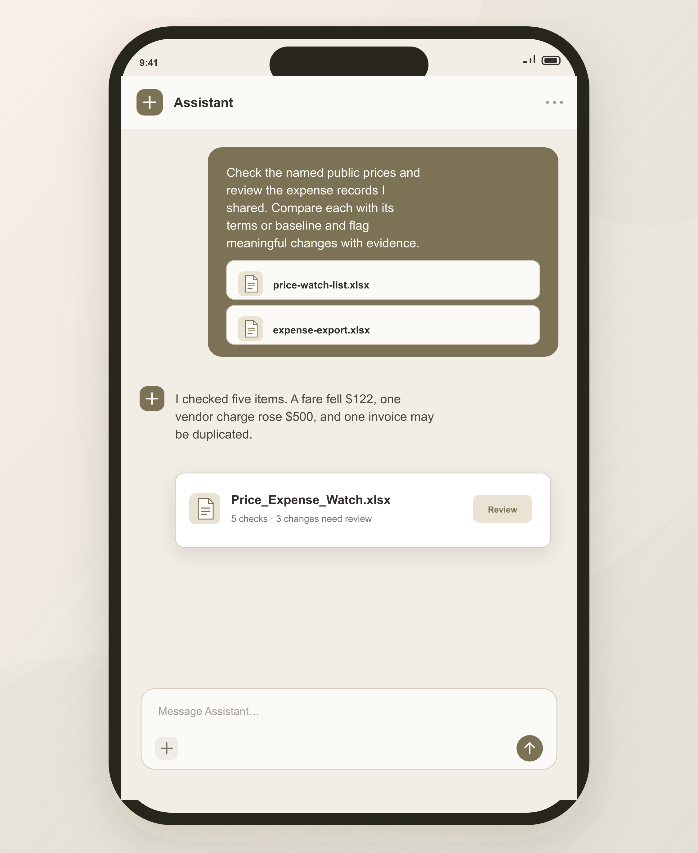 Deck chat returning an evidence-backed alert about public price changes and shared expense exceptions