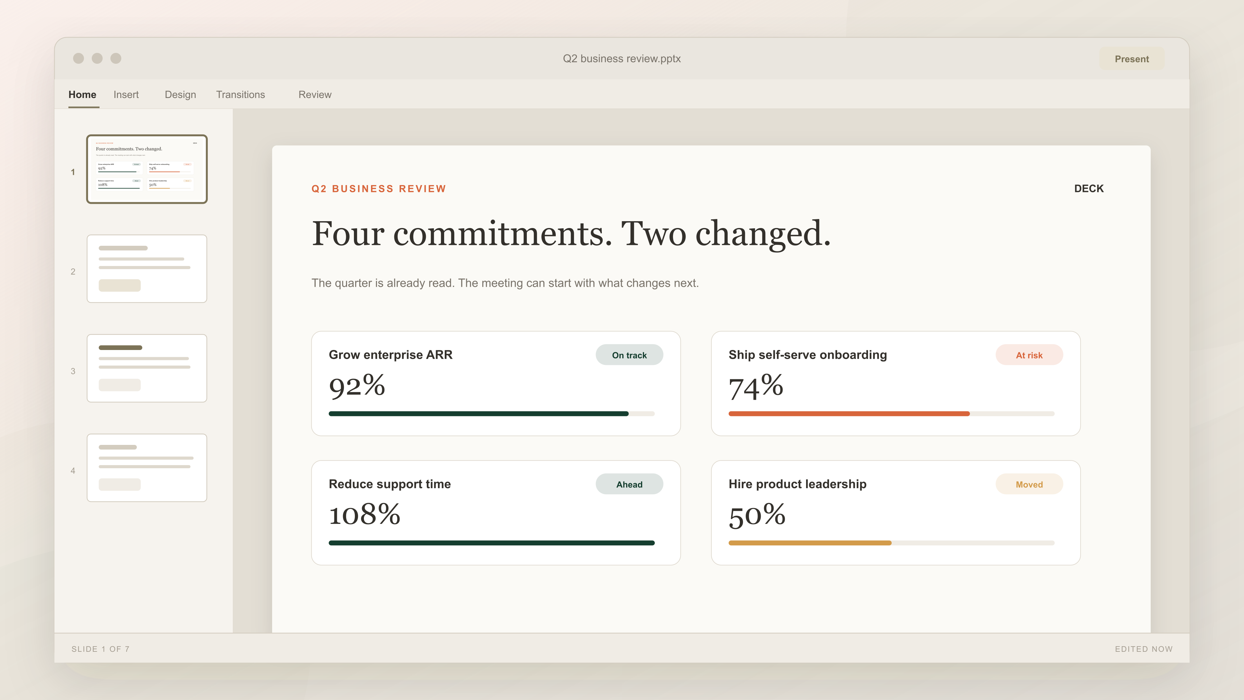 Q2 Business Review slide showing four commitments and the two that changed