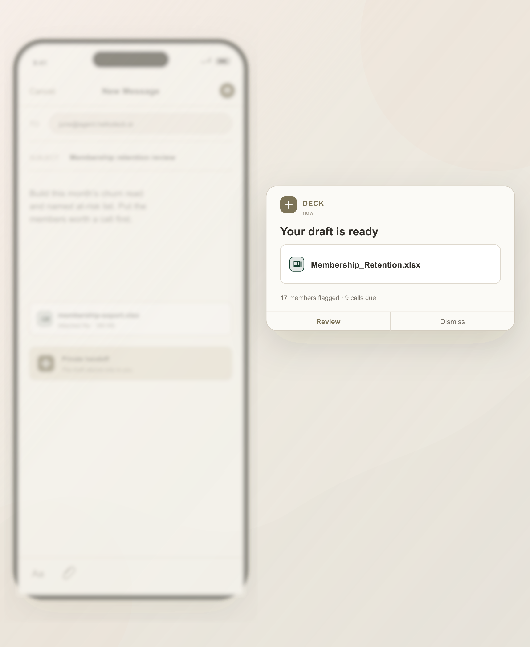 An email to Deck returning a membership retention workbook and the calls due this week