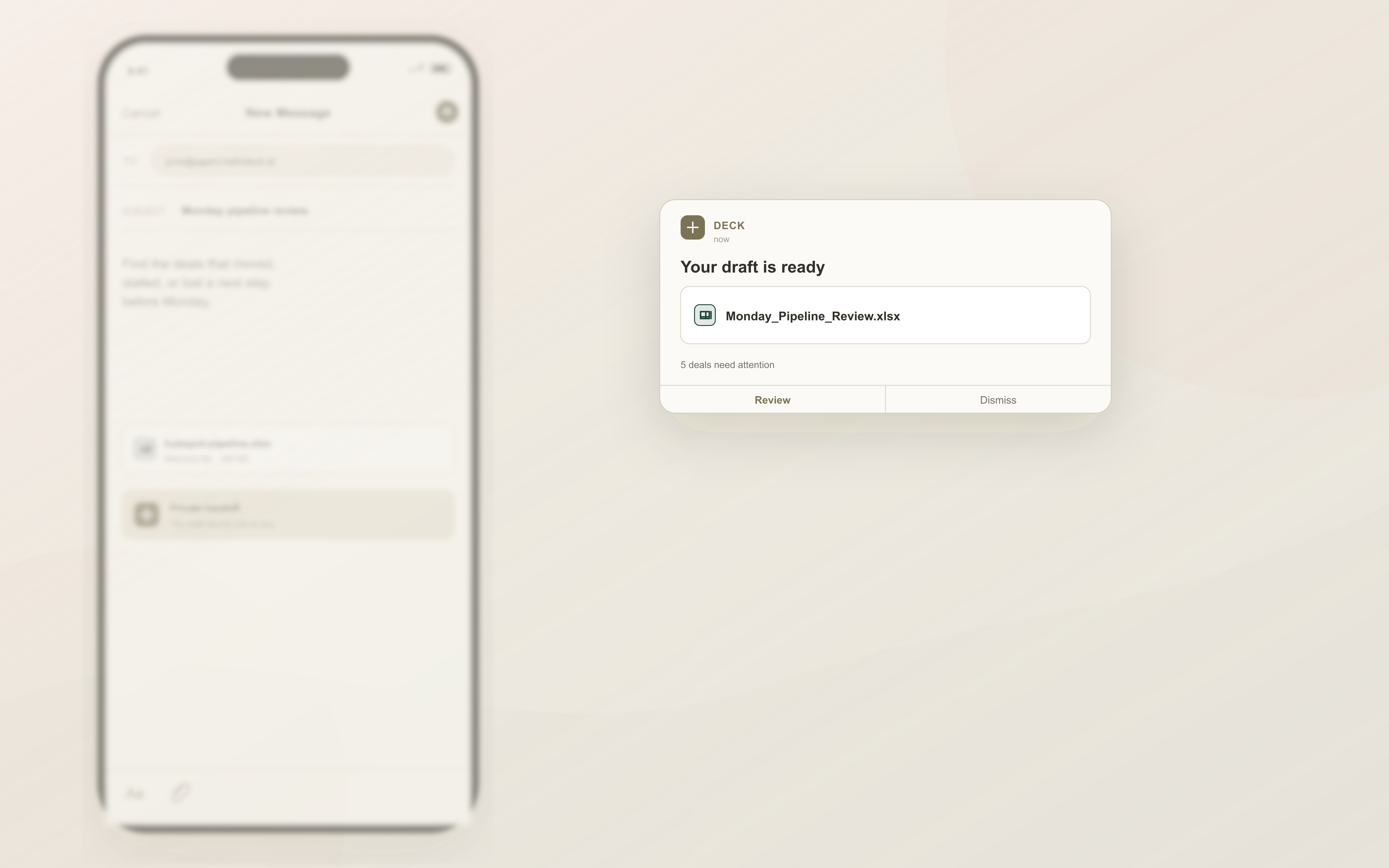 A mobile email to Deck returning a workbook with five pipeline deals that need attention